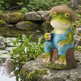 Elenon Fishing Frog Garden Statue, 9" Hat Frog with Pole Decor for Koi Pond Waterfalls, Adorable Flower Bed Outdoor Yard Patio Art Decorative Sculptures Table Ornament