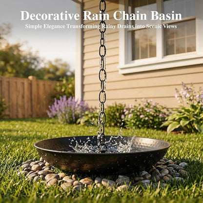 Rain Chain Anchoring Basin Metal Bowl Downspout Gutters Decorative Fountain Dish Display for Outdoor Garden, Lawn and Patio Water Feature 10.66 Inches Dia, Matte Black