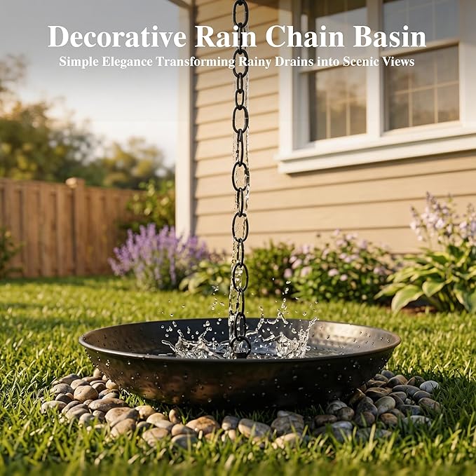 11-Inch Black Rain Chain Basin – Decorative Metal Bowl for Downspout Gutters, Outdoor Garden, Lawn & Patio Water Features – Heavy-Duty Anchoring Basin for Rain Chains