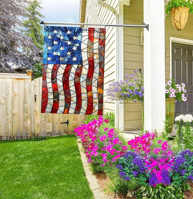 Patriotic House Flag 28x40 Inch Double Sided Stained Glass Large Yard Flag for Outside, Outdoor Burlap Garden Flag Summer Holiday Decorations
