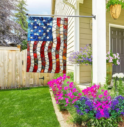 Patriotic House Flag 28x40 Inch Double Sided Stained Glass Large Yard Flag for Outside, Outdoor Burlap Garden Flag Summer Holiday Decorations