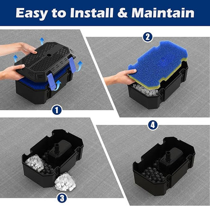 All-in-1 Pond Waterfall Kit | 850GPH Pond Filter Pump | 12-inch Stainless Steel Waterfall Spillway | Remote Control LED Lights | 4-Stage Filtration Outdoor Waterfall for Water Feature, Garden, Pool