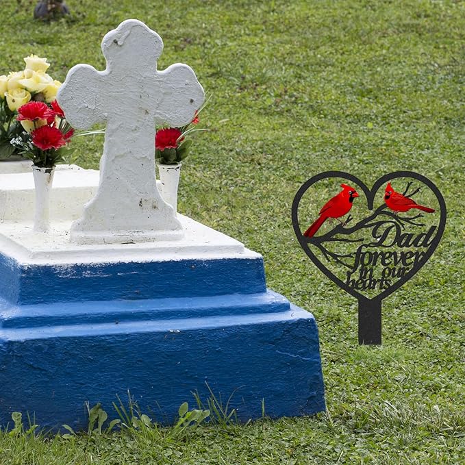Rngmsi Dad Grave Decorations for Cemetery, Metal Sympathy Memorial Stakes for Loss of Father, Cardinal Cemetery Decorations for Grave Outdoors Yard Garden(12 X 7.5 Inches)