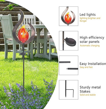 Asense Outdoor Metal Sculpture Art Decor Garden Solar Lights Pathway Stake, Solar Powered LED Lights for Lawn Patio Courtyard, Flame Shape