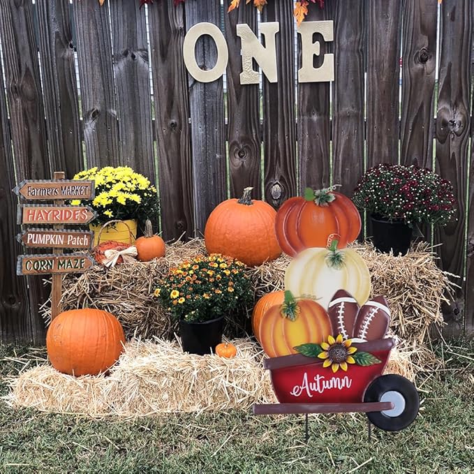 YEAHOME Fall Decorations Outdoor, Stacked Pumpkin Football Wheelbarrow Decorative Garden Stakes, Autumn Metal Cart Yard Signs for Home Outside Garden Lawn Porch Decor, Thanksgiving Decorations