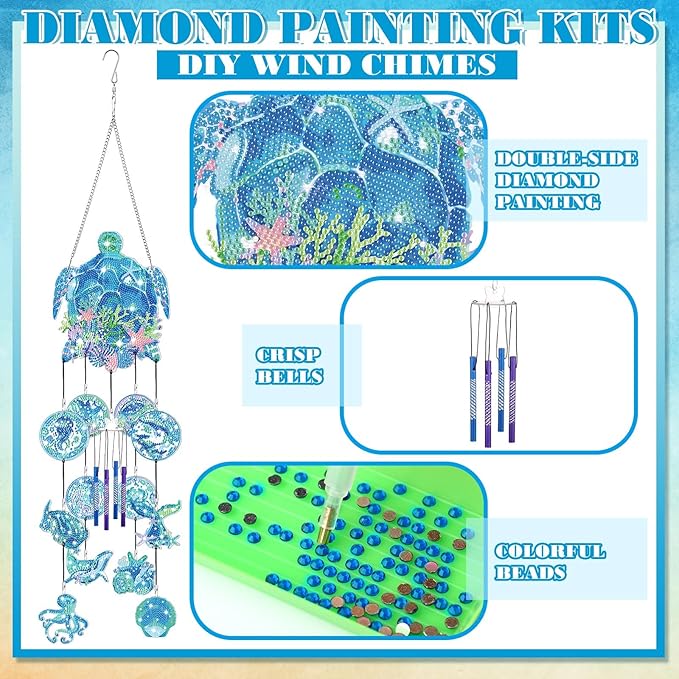 GlikCeil Beach Wind Chimes Diamond Art Wind Chimes Suncatchers Beach Diamond Art Kits with Crystal Pendant Hanging Ornament for Home Garden Patio Backyard Decor(Blue)