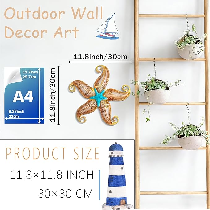 POXOHO Starfish Garden Decorations Outdoor, Starfish Wall Decor Art for Fence Patio Yard, 12" Hanging Glass Sculpture, Outdoor Wall Art Ocean Gifts for Women & Men (Apricot)