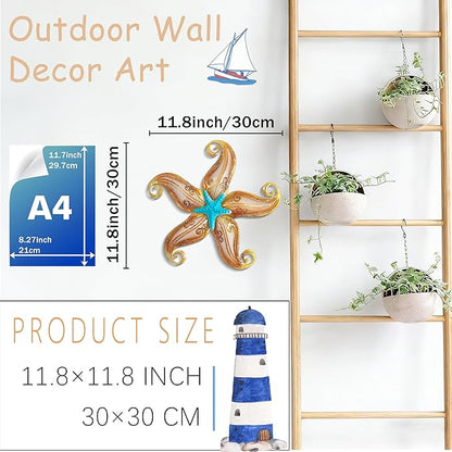 POXOHO Starfish Garden Decorations Outdoor, Starfish Wall Decor Art for Fence Patio Yard, 12" Hanging Glass Sculpture, Outdoor Wall Art Ocean Gifts for Women & Men (Apricot)