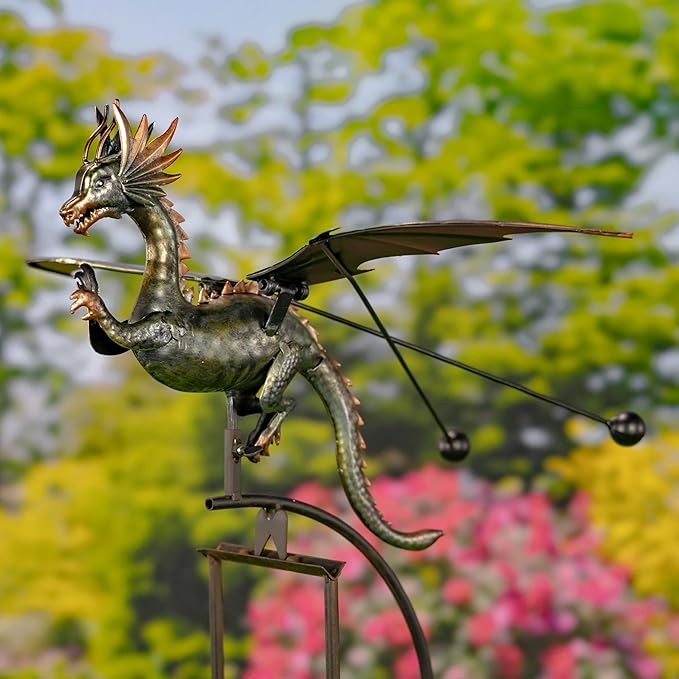 Zaer Ltd. Flying Dragon Garden Stake, 54.75" Tall Metal Rocking Decoration, Metallic Finish, Weighted Balance Design (Set of 4)