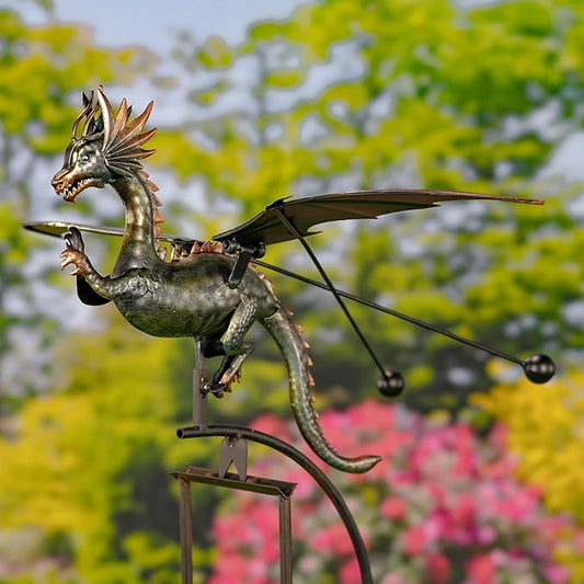 Zaer Ltd. Flying Dragon Garden Stake, 54.75" Tall Metal Rocking Decoration, Metallic Finish, Weighted Balance Design (Set of 4)