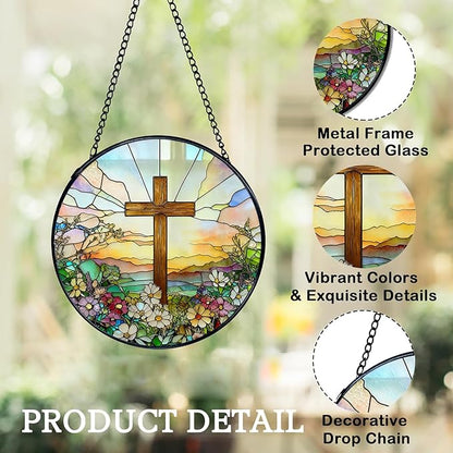 Stained Glass Window Hanging, Cross and Wildflowers Suncatcher for Window Doors Garden Home Decoration, Easter Glass Panel Ornaments for Women,Men,Wife, Lovers, and Mom, God's Promises Day Gift 7.8 in