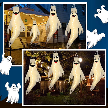 Geefuun 4PCS Warm Light Halloween Cute Ghost Windsocks Hanging Decorations - 43 Inch Flag Wind Socks for Home Yard Outdoor Decor Party Supplies (Batteries Not Included,No Timer)