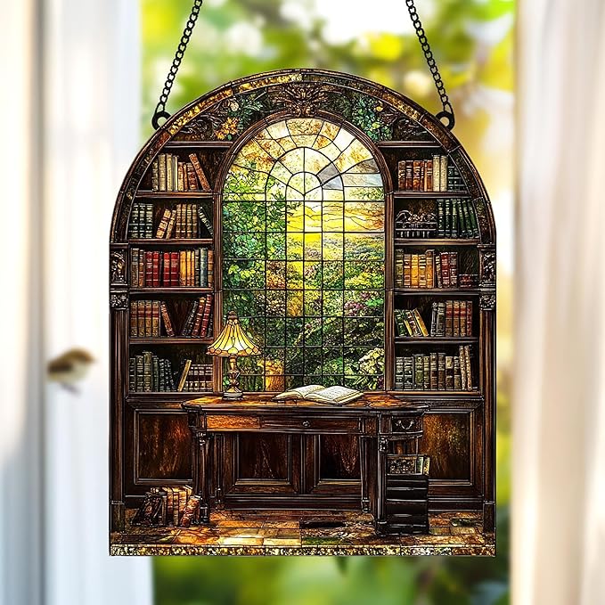 Bookshelf Acrylic Suncatcher Window Hanging Faux Stained Glass Bookish Decor Librarian Teacher Room Decor Gift