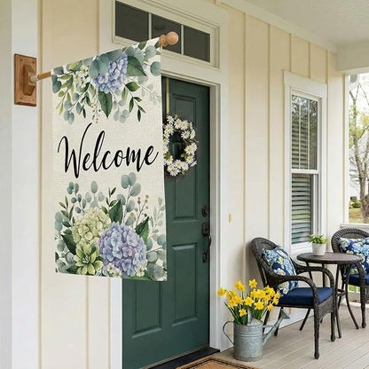 CROWNED BEAUTY Spring House Flag Hydrangea Eucalyptus Double Sided 28x40 Inches Large Burlap Welcome Holiday Seasonal Yard Decoration for Outside Porch