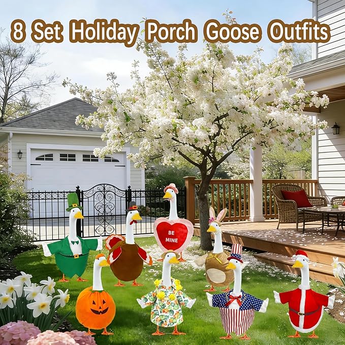 8 Set Holiday Porch Goose Outfits Summer 4th of July Fall Halloween Christmas Valentine's Day St. Patrick Easter All Seasons Theme Goose Costume for 23" Goose Patio Yard Decor