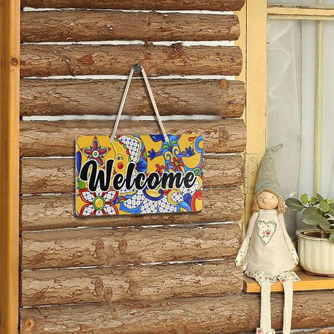 Kigai Welcome Sign Mexican Talavera Front Door Sign, Waterproof Wall Hanging Plaque for Housewarming, Farmhouse Porch Yard Garden Home Decor, 11 x 6 Inch