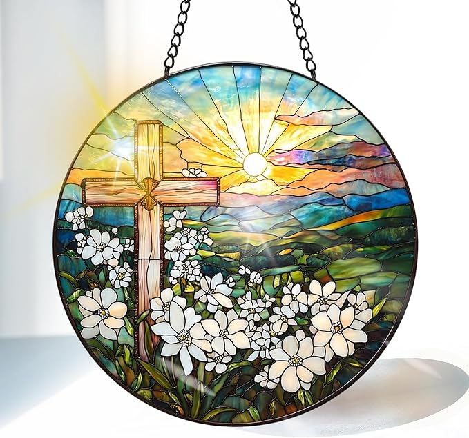 VAIIEYO Cross Sun Catcher Stained Glass Window Hanging Ornament, Handmade Sun Catcher Flower Religion Decoration with Hooks for Window Garden Home, Mother's Day & Birthday Housewarming Gift (7.8 inch)