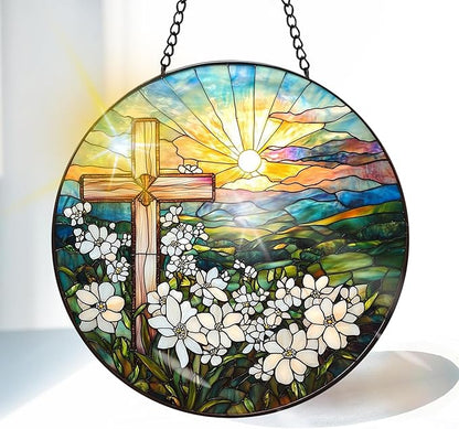 VAIIEYO Cross Sun Catcher Stained Glass Window Hanging Ornament, Handmade Sun Catcher Flower Religion Decoration with Hooks for Window Garden Home, Mother's Day & Birthday Housewarming Gift (7.8 inch)