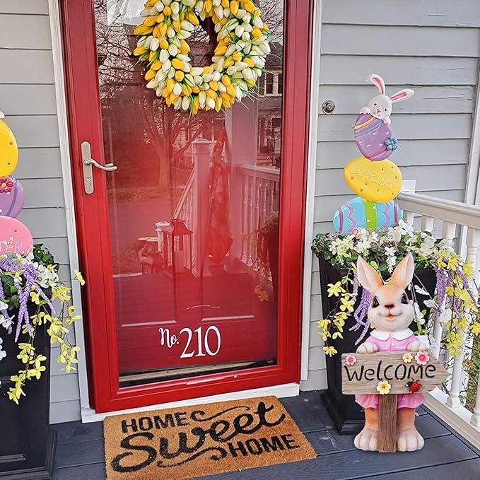 22" Solar Large Rabbit Statue Garden Decor Resin Standing Bunny Statue with Welcome Sign Outdoor Easter Decor for Porch Patio Lawn Yard Gardening Housewarming Gifts, Pink Rabbit