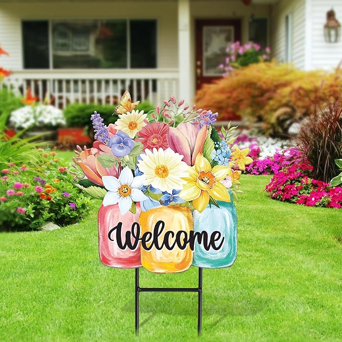 JarThenaAMCS Spring Flower Metal Garden Stakes Colorful Floral Vase Decorative Lawn Sign Welcome Yard Sign for Home Outside Lawn Porch Walkway Decor