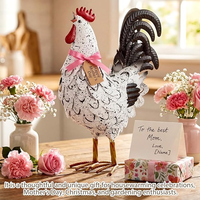 Zhengmy Metal Rooster Garden Statue Lifelike Colorful Metal Rooster Yard Decor Hand-Painted Iron Chicken Sculpture for Patio Lawn Backyard Farmhouse Outdoor Indoor Decoration(White and Black)