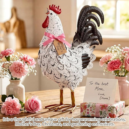 Zhengmy Metal Rooster Garden Statue Lifelike Colorful Metal Rooster Yard Decor Hand-Painted Iron Chicken Sculpture for Patio Lawn Backyard Farmhouse Outdoor Indoor Decoration(White and Black)