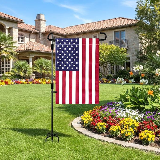 TOPFLAGS Garden Flag Stand with American Flag Garden Flag Heavy Duty Metal Yard Flag Holder Pole Stake Small Flag Stands for Garden Flags 12 x 18 with Clips and Stopper