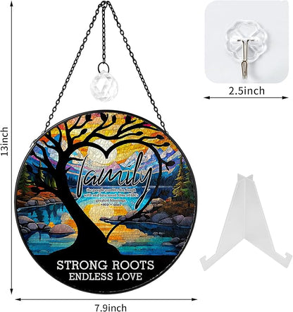 Tree of Life Stained Glass Suncatcher,Heart Shape Tree of Life Window Hanging Decor,Handmade Glass Sun Catcher with Crystal Prism, for Mom Housewarming Birthday Home Decor(7.8 in)