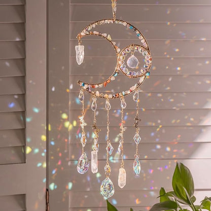 Handmade Sun Catcher Rainbow Maker with Moon Shape Natural Color Stones and Various Crystal Shapes Unique Crystal Decoration for Home or as a Gift Stunning Light Refraction and Colorful Display