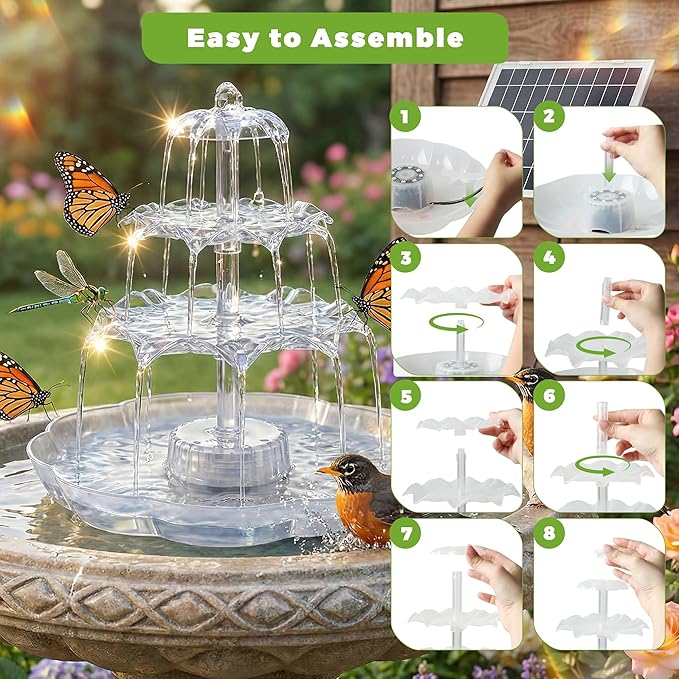 AISITIN 6.5W Solar Bird Bath Fountains with Lights, 3 Tiered Bird Bath with Solar Water Pump, Upgraded Detachable DIY Solar Powered Fountain for Garden, Patio, Yard and Pond