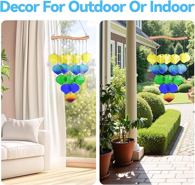 Sea Glass Wind Chime, Shell Shape Glass Windchime for Outside, Indoor Outdoor Decor for Patio Garden Yard, Nice Gifts for Mom & Women, Memorial Sympathy Gift for Home