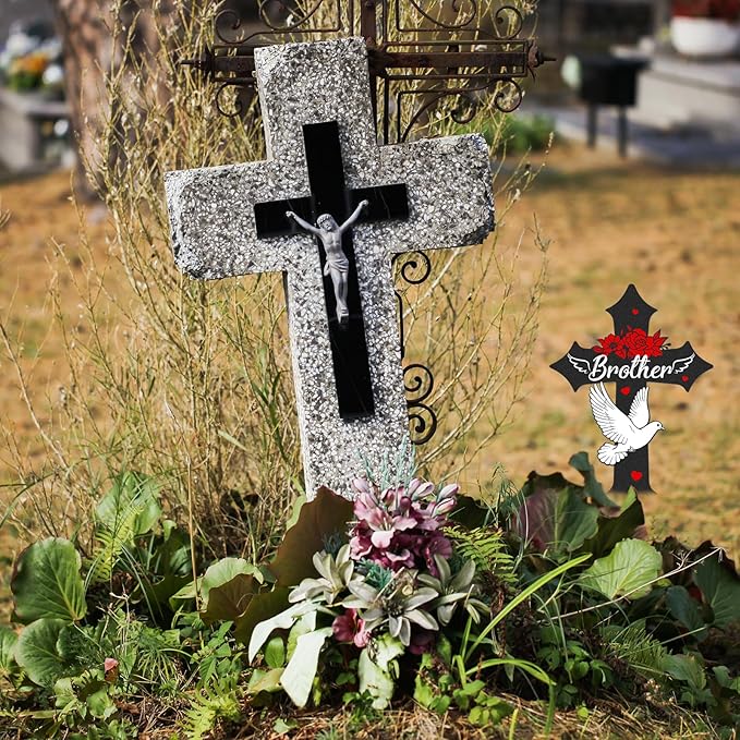 Rngmsi Cross Cemetery Decorations for Grave, Metal Sympathy Memorial Stakes for Loss of Brother Outdoors Yard Garden, Grave Markers for Cemetery for Brother (12 X 7.5 Inches)