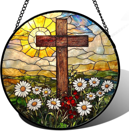 DASTOLL Christian Gifts for Women - Cross Stained Glass Window Hanging Easter Golden Sun Daisy Floral Sun Catcher Garden Religion Decor Mother's Day Catholic Gift for Men Grandma Nana Her 15"