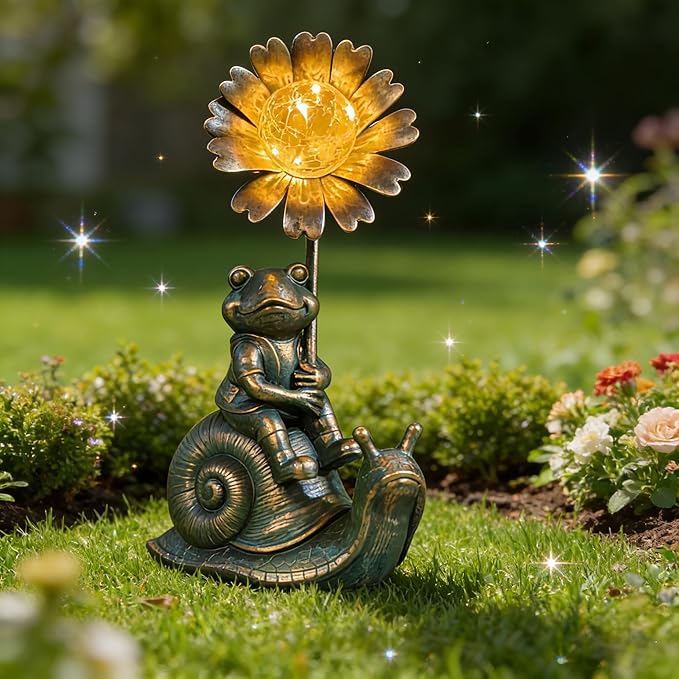 Solar Powered Frog on Snail Sculpture with Iron Flower & Glass Ball, Outdoor Garden Accent