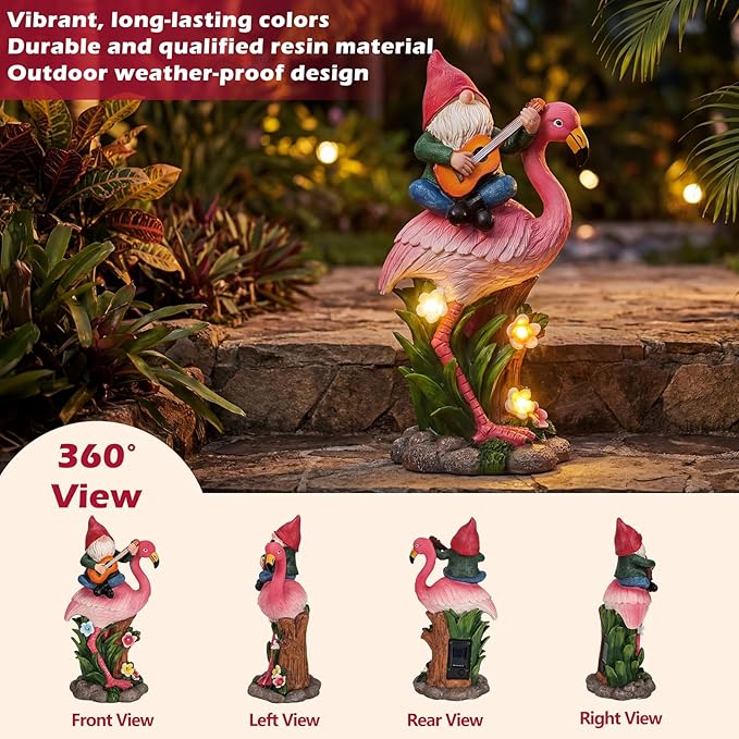 EXYGLO Solar Gnome Garden Decor Statue, 10" Gnome Riding Flamingo Outdoor Funny Decoration for Lawn, Patio, Yard, and Unique Housewarming, Birthday Ornament Gift for Mother, Friend, Family
