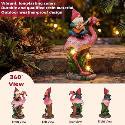 EXYGLO Solar Gnome Garden Decor Statue, 10" Gnome Riding Flamingo Outdoor Funny Decoration for Lawn, Patio, Yard, and Unique Housewarming, Birthday Ornament Gift for Mother, Friend, Family