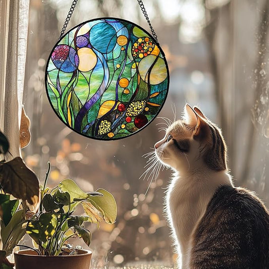 Stained Glass Window Hanging Blue Ocean Water Plants Flower 6.3" - Suncatcher Door Garden Sun Catcher Home Decor Birthday Christmas for Mom Men Woman Nana Friend