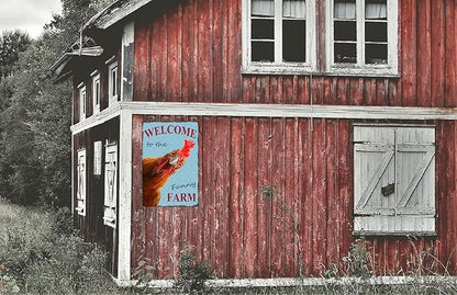 Funny Chicken Sign, Metal Chicken Coop Tin Signs, Welcome to the funny farm, Yard Sign Garage Farm Garden Wall Decor Sign Plaque Outdoor for Home Fence 8 X 12 Inches