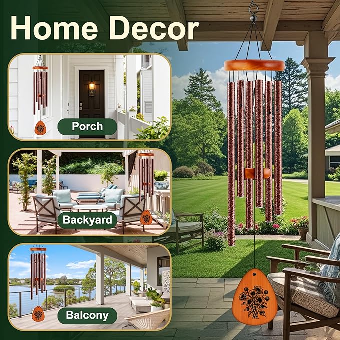 37" Matte Textured Aluminum Wind Chimes for Outdoor Patio & Garden – Large Modern Black Wind Chime with Deep Soft Tone, Thoughtful Home Gift (Brown, 37")