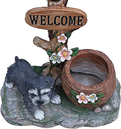Solar Light Animal Outdoor Statue Planter with Welcome Sign, Resin Garden Sculpture Flower Pot for Patio Lawn Porch Yard Courtyard Decor, Weather-Resistant Decorative Figurine Accent (A)