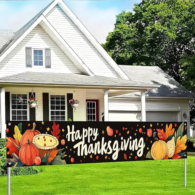 BlissYard Thanksgiving Banner 180x20 Inches Hanging Decor Pumpkin Pie Harvest Scene Decoration for Home Party Supplies Photo Backdrop Outdoor Indoor Holiday Season Decor