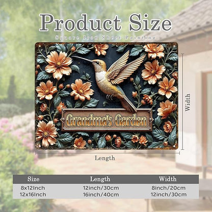 Custom Garden Signs Personalized Metal Tin Sign for Women, Hummingbird Metal Sign for Outdoor, Patio, Yard Rustic Home Decor Gift for Mothers Day, Grandmas, and Gardening Lovers