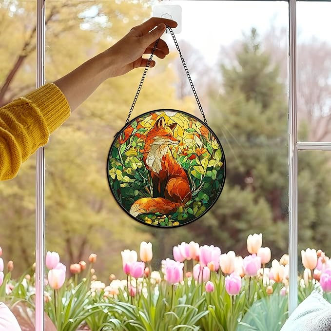 Fox Woodsy Suncatcher Stained Glass Window Hanging Decor Ornaments, Fox Gifts, Rustic Nature Stained Glass Wall Room Decor, Animal Garden Sun Catchers Indoor Window Hanging Wall Art, 7.9x7.9In