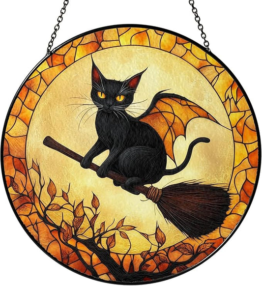 Black Cat Stained Glass Suncatcher, Halloween Cat Witch Window Hanging Decor, Pumpkin Spooky Suncatcher Decoration, Fall Season Home Outdoor Garden Decor Birthday Gifts for Women Witches Cats Lovers