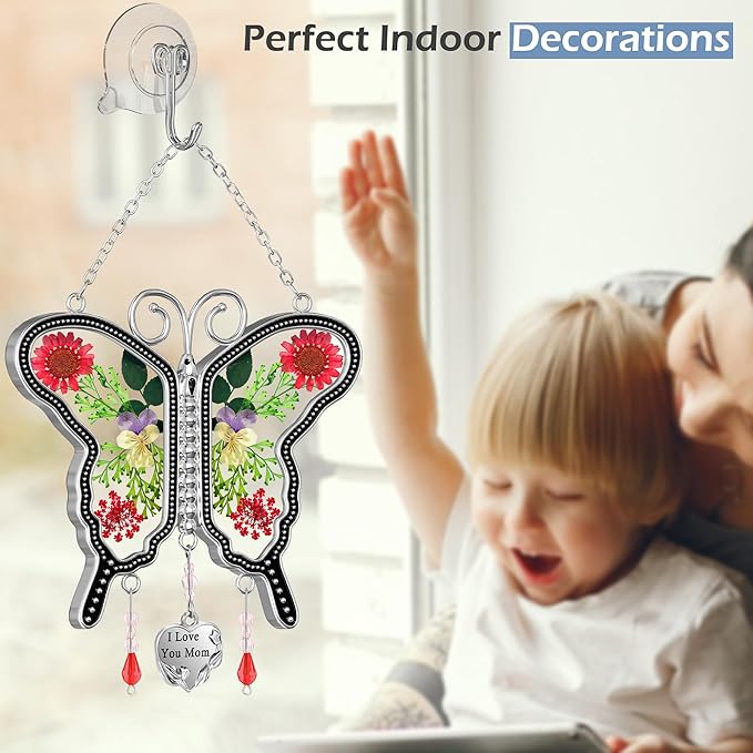 KY&BOSAM Metal Transparent Glass Butterfly Suncatcher with I Love You Mom Engraved Tag Real Preserved Dried Flower Window Hanging Ornament Garden Home Wall Decor Mothers Day Birthday Gift for Mom Nana
