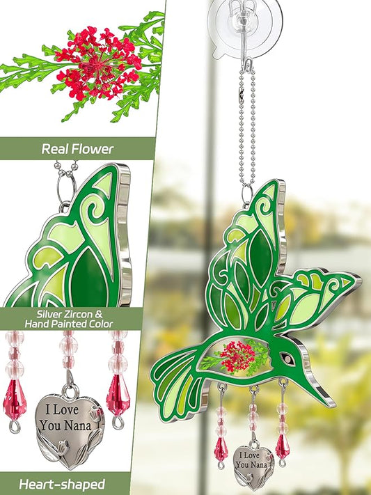 KY&BOSAM I Love You Nana Hummingbird Suncatcher Glass Suncatchers for Windows Hanging Ornament Wind Chime Pressed Drived Flowers and Metal Heart Charm Birthday Gifts for Nana Mothers Day Christmas