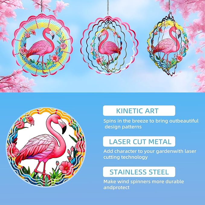 Flamingo Metal Wind Spinners Gifts for Women Mom Grandma Friends Hanging Wind Spinner Garden Decorations 12 inch 3D Kinetic Sculpture for Lndoor Spring Outdoor Decor House Yard Art Decorations