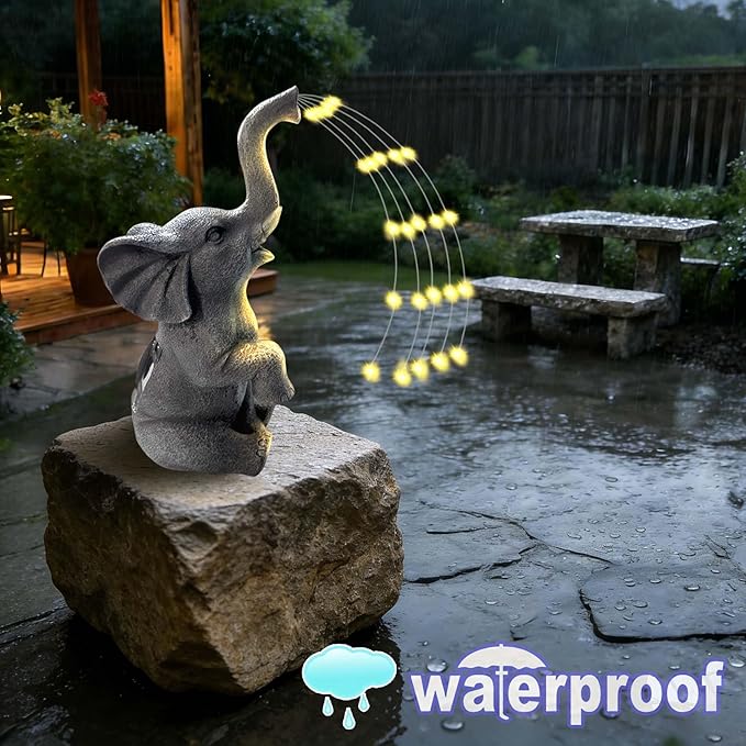 Solar Garden Decor Elephant Statue with LED String Lights, Waterproof Outdoor Decorative Elephant Figurine, Gardening Gifts for Women Mom Grandma, Unique Yard Art for Patio, Balcony, Lawn