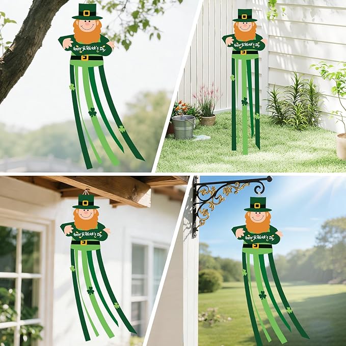 47 Inches St. Patrick's Day Leprechaun Windsock Decoration, Green Hanging Outdoor Windmill Decor with Shamrock Designs, Festive Irish-Themed Wind Sock Ornament for Garden, Patio, and Yard