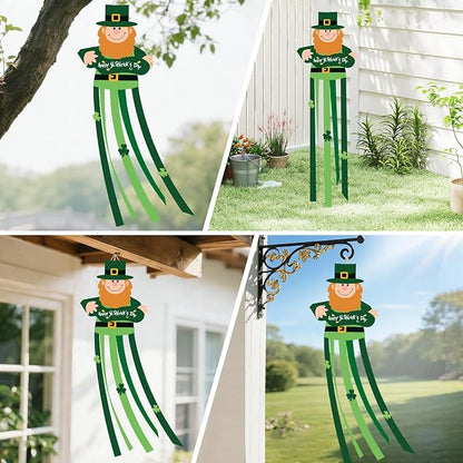 47 Inches St. Patrick's Day Leprechaun Windsock Decoration, Green Hanging Outdoor Windmill Decor with Shamrock Designs, Festive Irish-Themed Wind Sock Ornament for Garden, Patio, and Yard